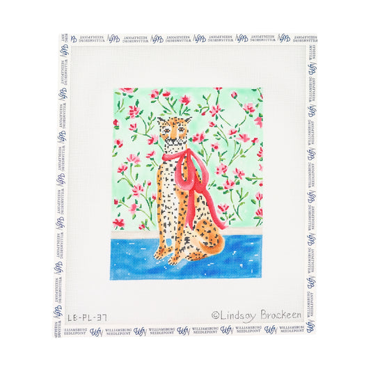 Stately Leopard w/ Pink Bow & Floral Wallpaper