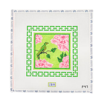 Green Bird and Peonies with Green Border