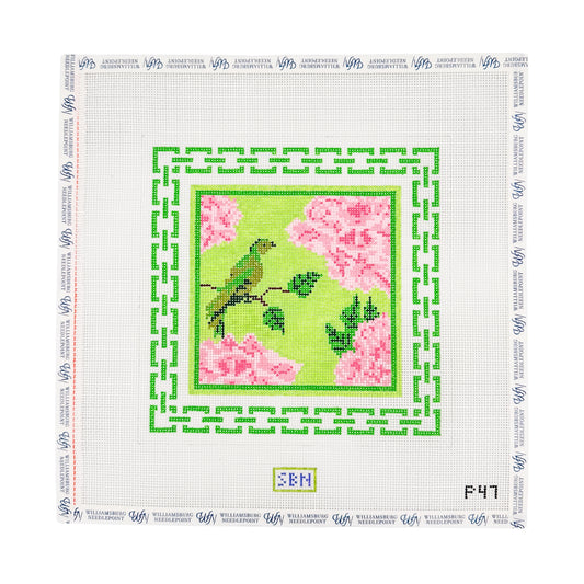 Green Bird and Peonies with Green Border